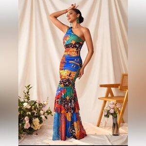 Sexy Sheer Mesh Printed One Shoulder Mermaid Colorful Tiered Ruffle Dress-Size S